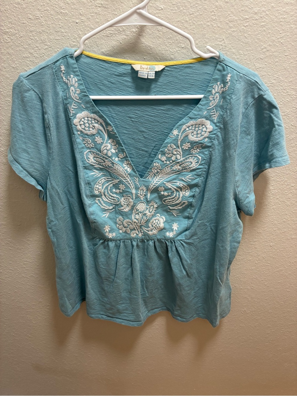 Boden Blue Embroidered V-Neck Peasant Blouse